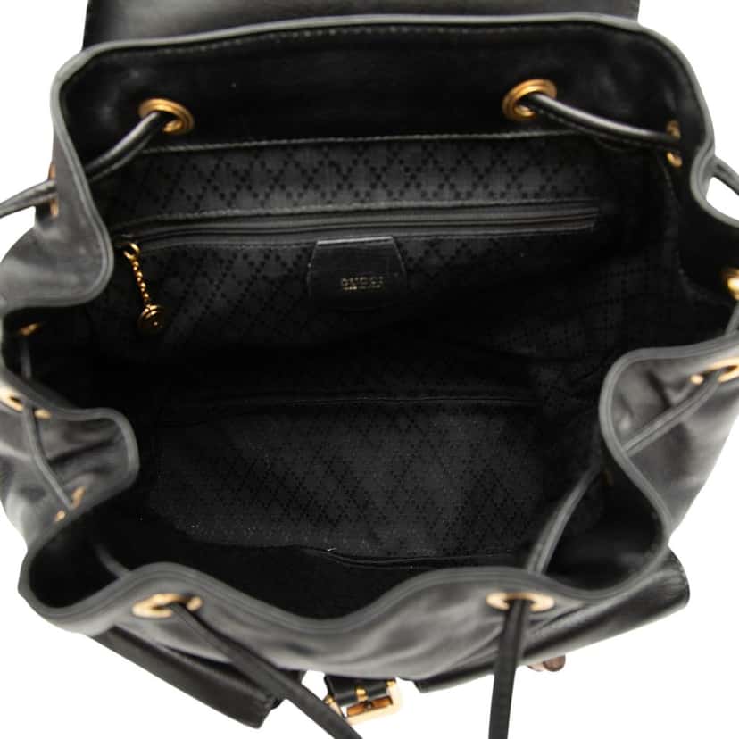 Gucci Calfskin Bamboo Drawstring Backpack Black Leather Very good condition - Model View