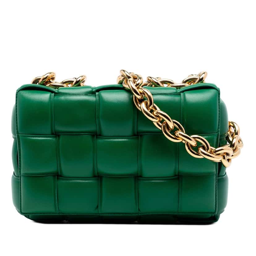Bottega Veneta Nappa Intrecciato Padded Chain Cassette Satchel Green Leather Very good condition - Front View