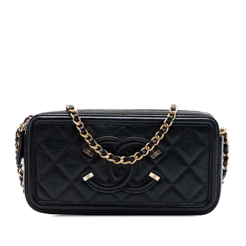 Chanel Caviar CC Filigree Clutch with Chain Black Leather Very good condition - Front View