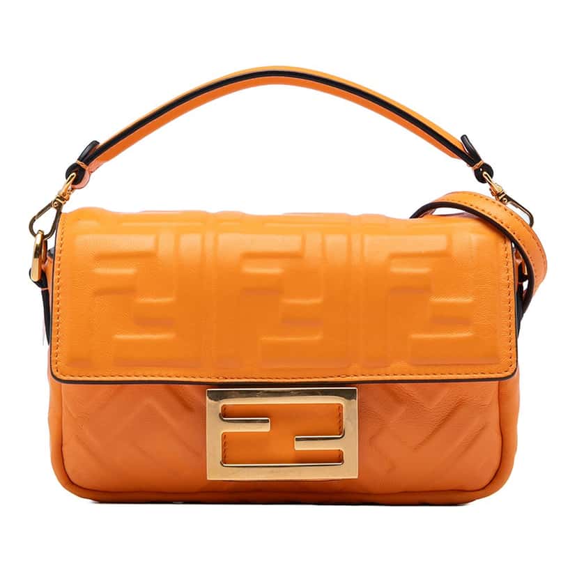 Fendi Mini Zucca Embossed Leather Baguette Satchel Orange Leather Very good condition - Front View