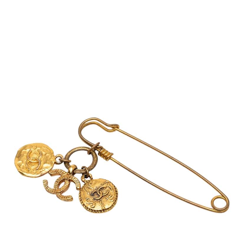 Chanel CC Gold Plated Medallion and Charms Safety Pin Brooch Gold Metal Very good condition - Back View