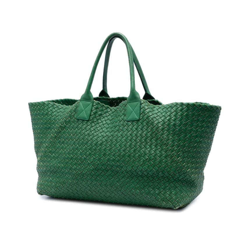 Bottega Veneta Limited Edition Large Lambskin Intreccio Cabat Tote Green Leather Very good condition - Back View