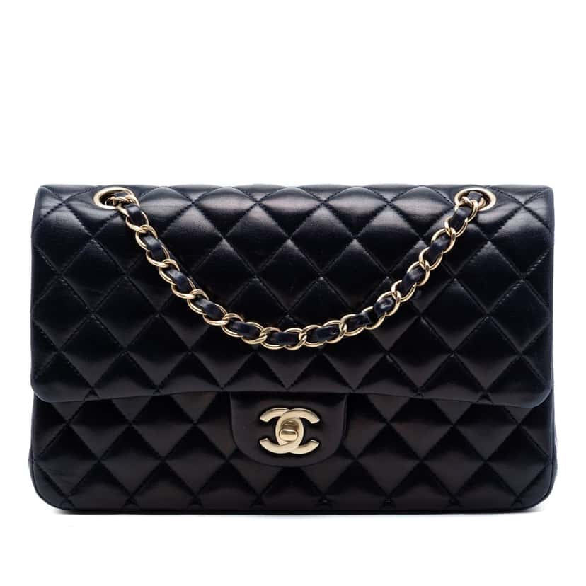 Chanel Medium Classic Lambskin Double Flap Black Leather Very good condition - Front View