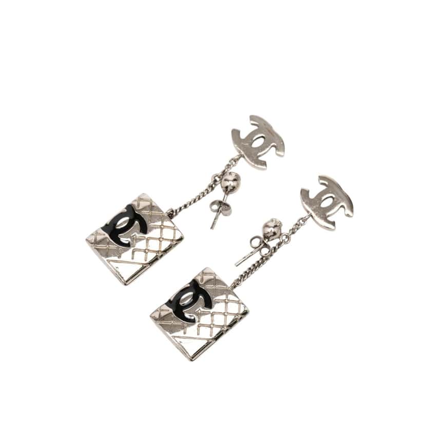 Chanel CC Brass Cambon Ligne Drop Pushback Earrings Silver Metal Very good condition - Front View