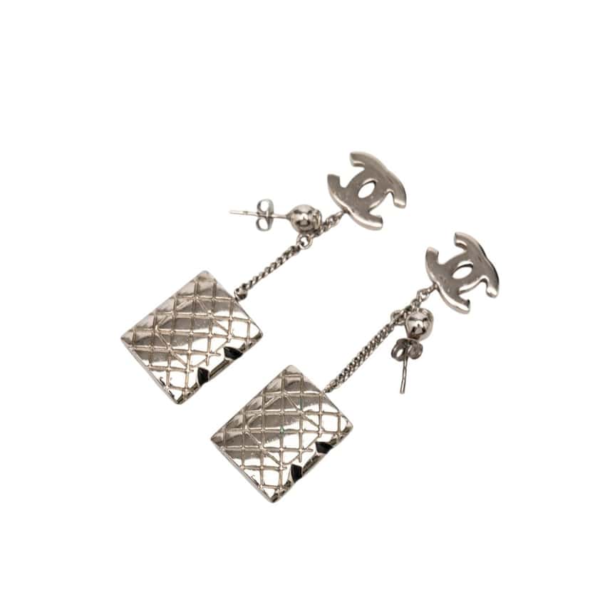 Chanel CC Brass Cambon Ligne Drop Pushback Earrings Silver Metal Very good condition - Back View