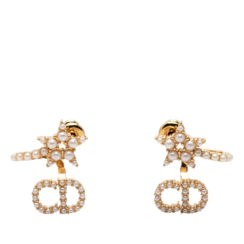 Dior Gold Plated Faux Pearl Clair D Lune CD Logo Push Back Earrings Gold Metal Very good condition - Front View