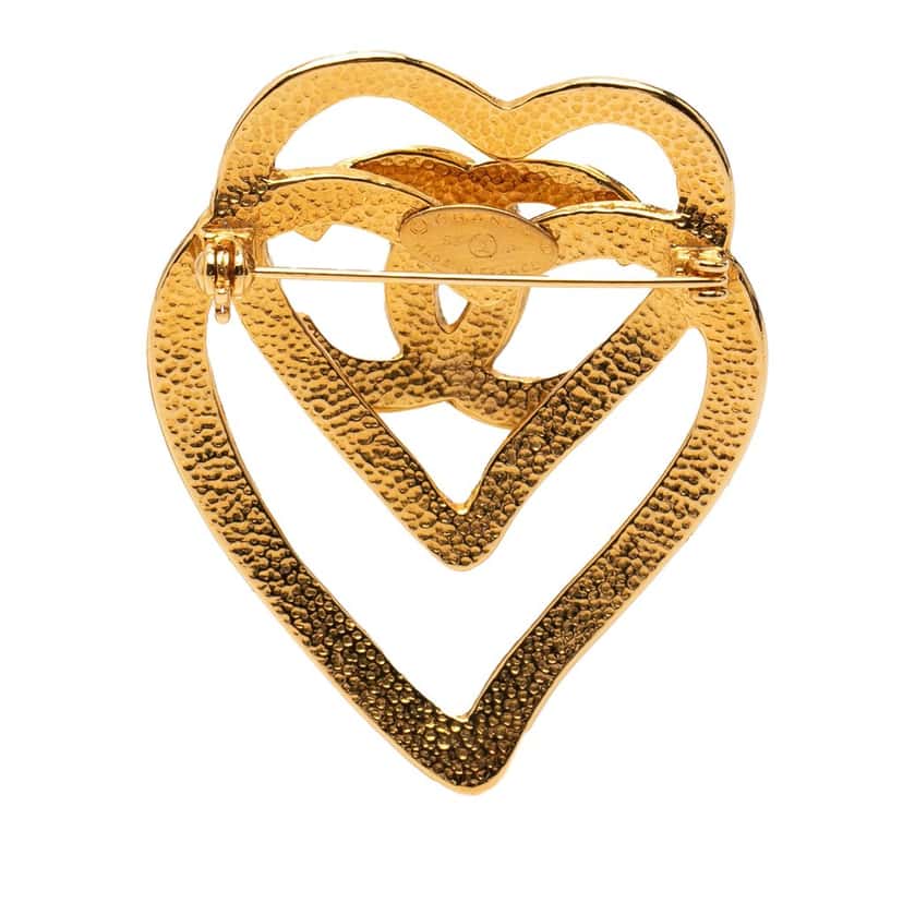 Chanel CC Gold Plated Double Heart Brooch Gold Metal Very good condition - Back View