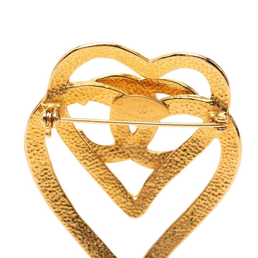 Chanel CC Gold Plated Double Heart Brooch Gold Metal Very good condition - Inside View