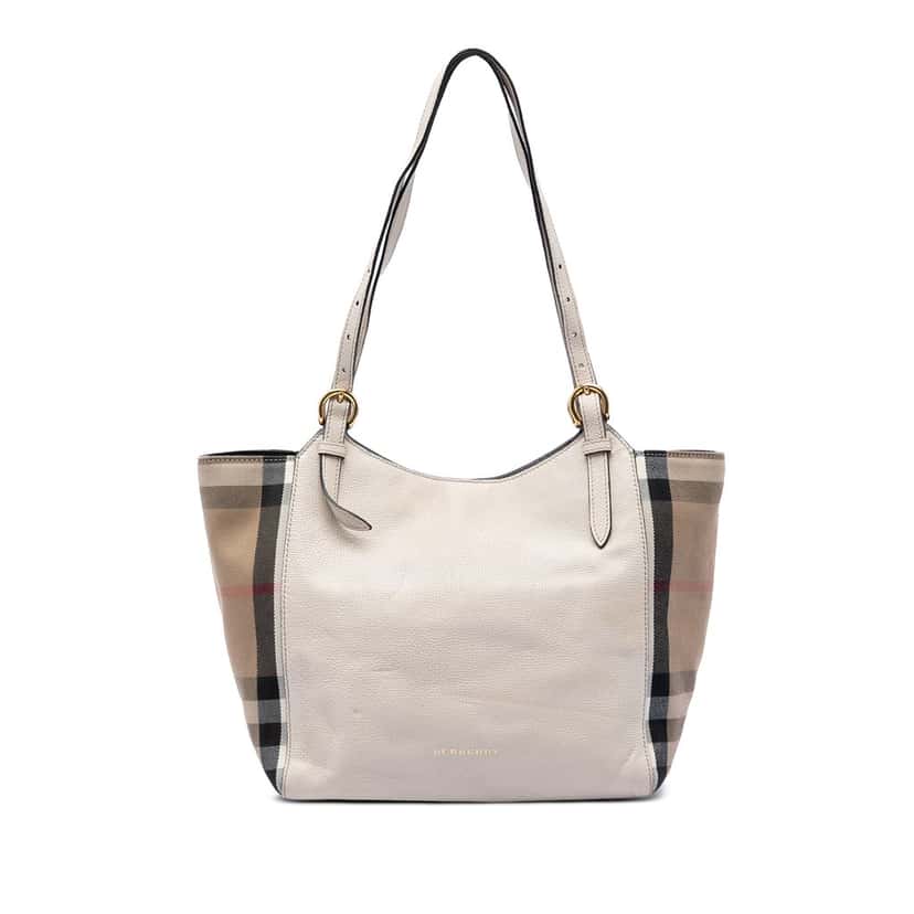 Burberry Small Leather and House Check Canvas Canterbury Tote White Leather Very good condition - Front View