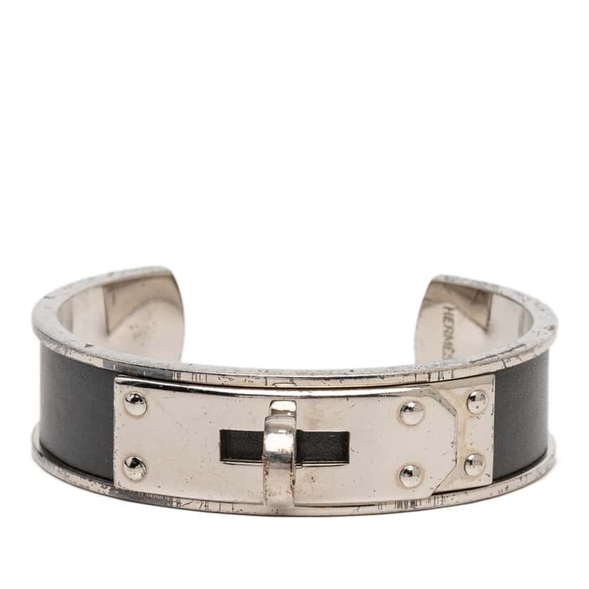 Hermès Leather and Palladium Plated Kelly Cuff Bracelet Black Leather Very good condition - Front View