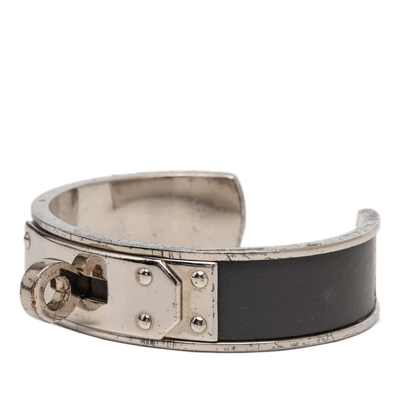 Hermès Leather and Palladium Plated Kelly Cuff Bracelet Black Leather Very good condition - Back View
