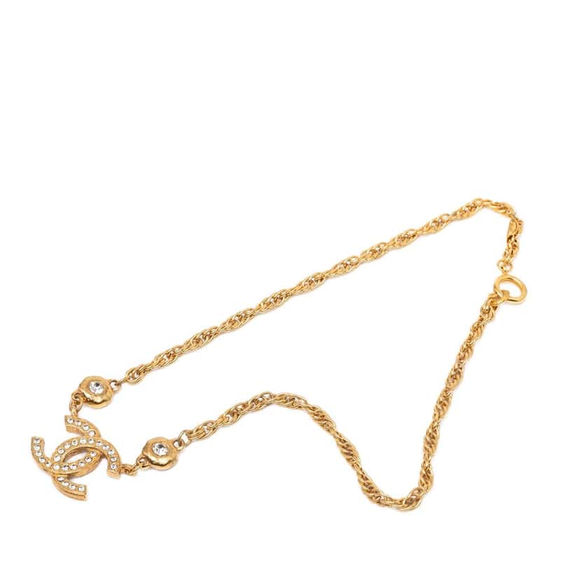 Chanel CC Gold Plated and Strass Pendant Necklace Gold Metal Very good condition - Box View