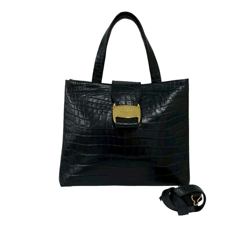 Ferragamo Croc Embossed Leather Vara Bow Satchel Black Leather Very good condition - Front View