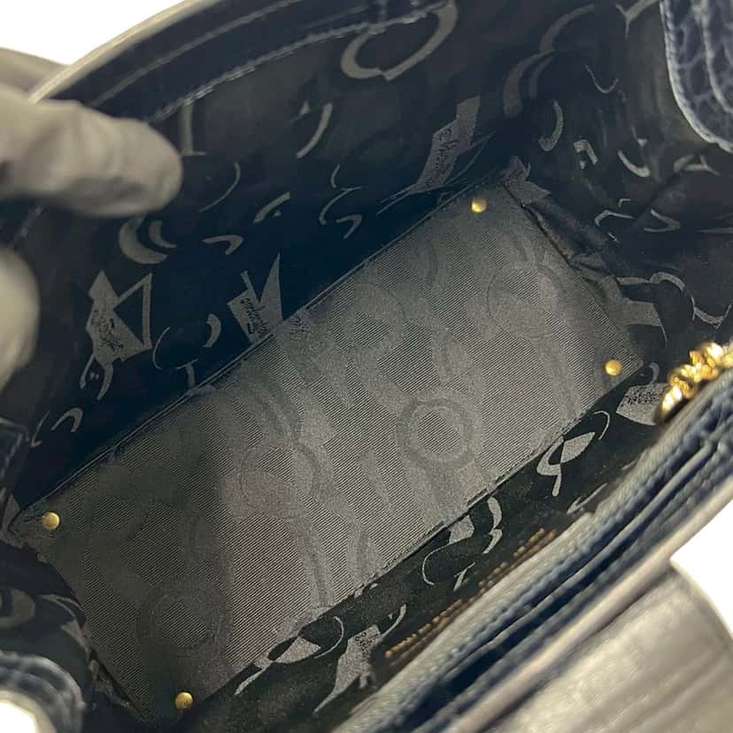 Ferragamo Croc Embossed Leather Vara Bow Satchel Black Leather Very good condition - Box View