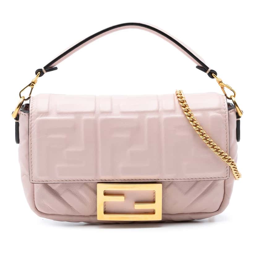 Fendi Mini Zucca Embossed Leather Baguette Satchel Pink Leather Very good condition - Front View