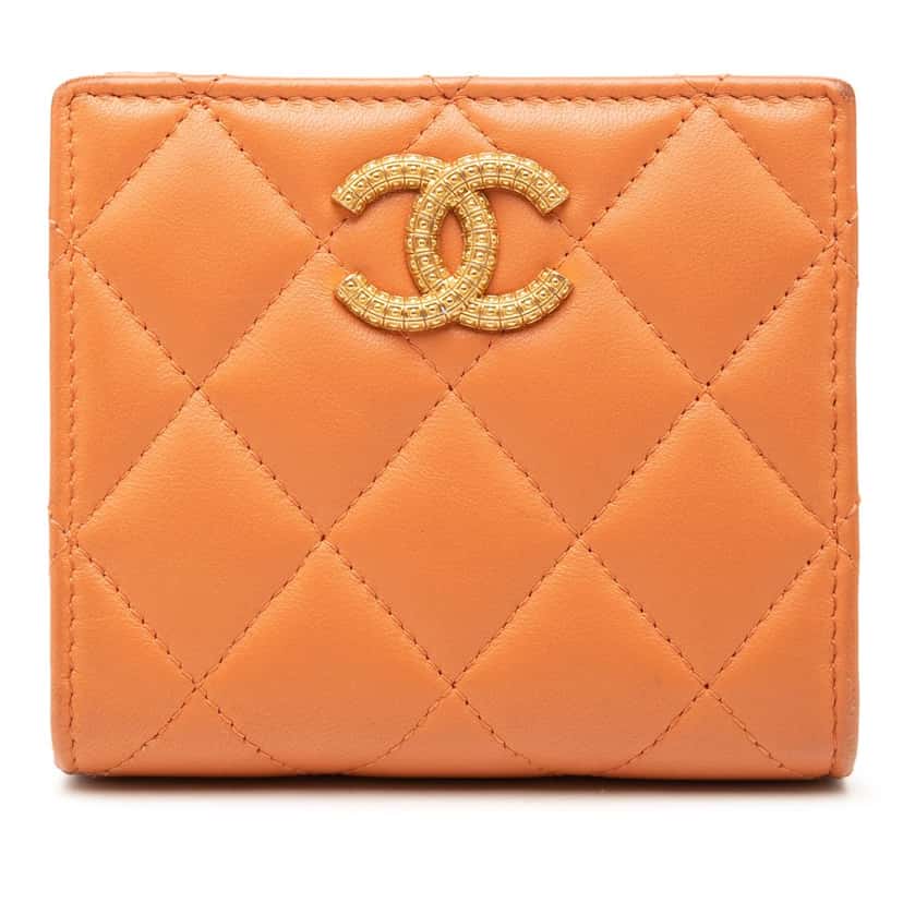 Chanel CC Quilted Lambskin Bifold Wallet Orange Leather Very good condition - Front View