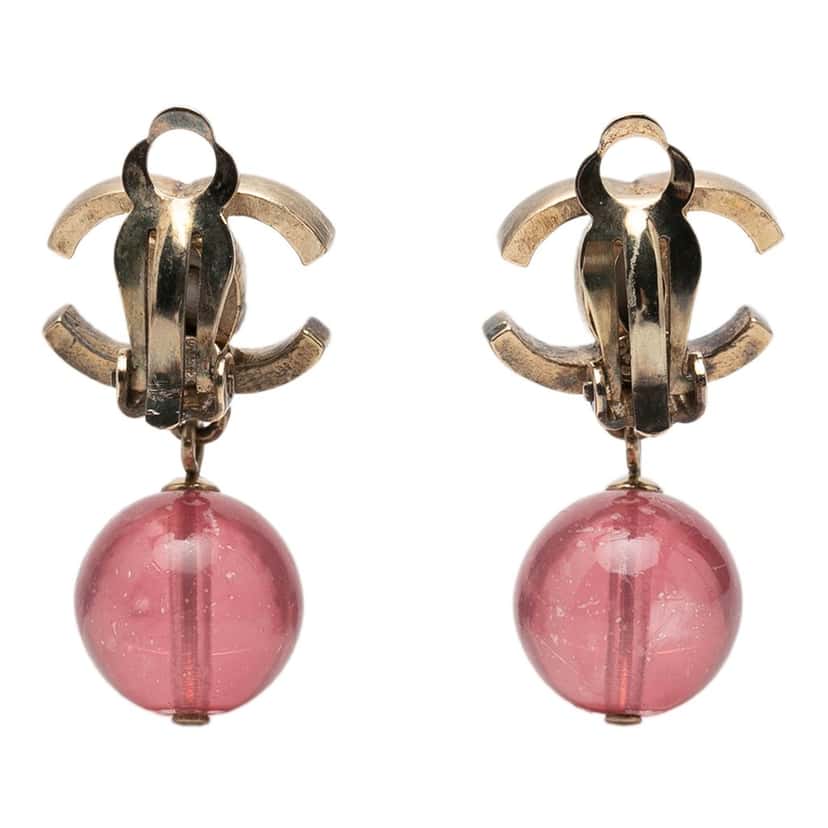 Chanel CC Brass Resin Drop Clip On Earrings Gold Metal Very good condition - Back View