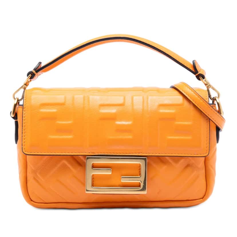 Fendi Mini Zucca Embossed Leather Baguette Satchel Orange Leather Very good condition - Front View