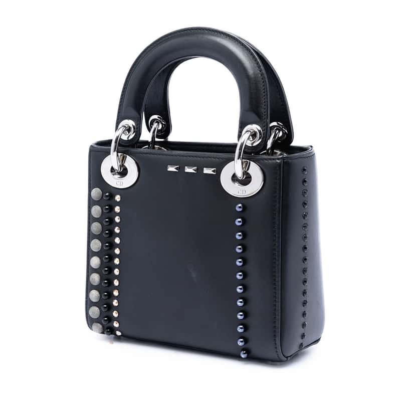 Dior Mini Lambskin Studded Crystal Pearl Lady Dior Black Leather Very good condition - Back View
