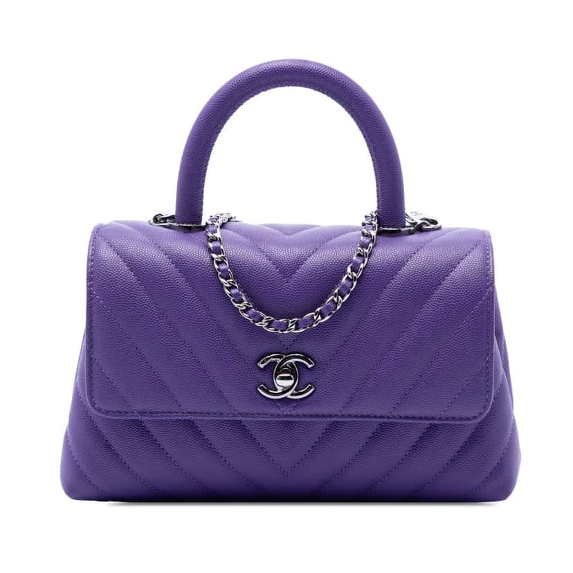Chanel Mini Chevron Caviar Coco Top Handle Bag Purple Leather Very good condition - Front View