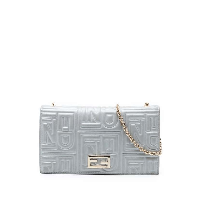 Fendi Metallic Embossed Nappa Logo Chain Clutch Silver Leather Very good condition - Front View