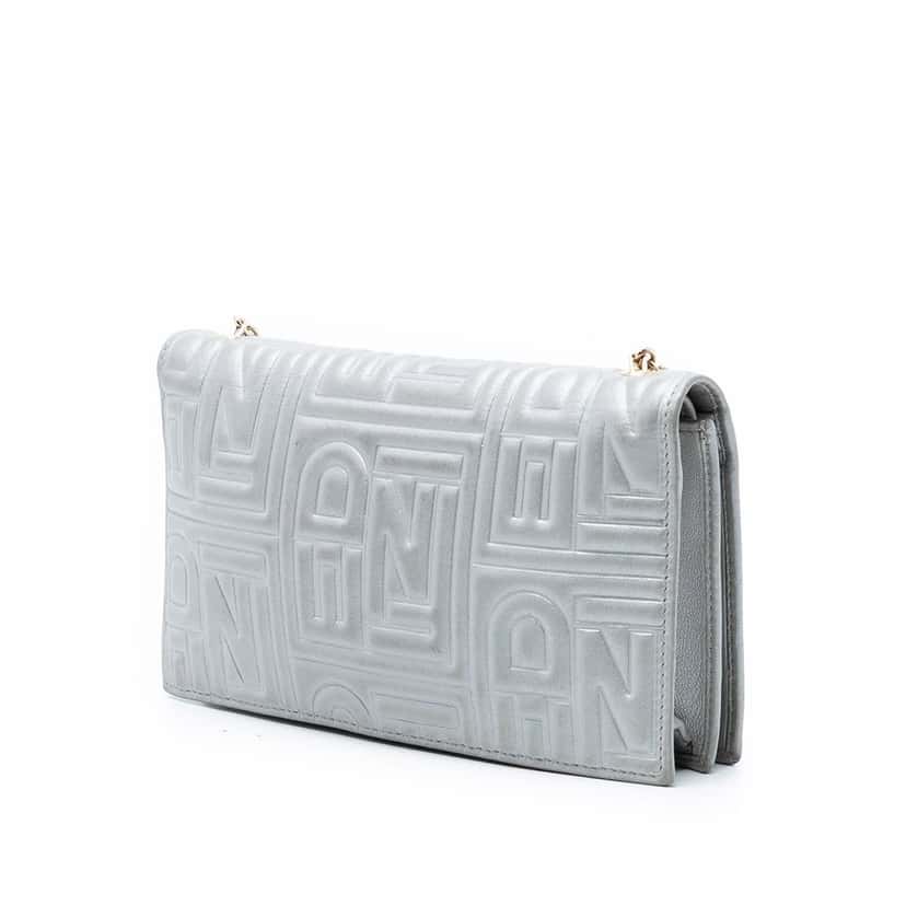 Fendi Metallic Embossed Nappa Logo Chain Clutch Silver Leather Very good condition - Back View