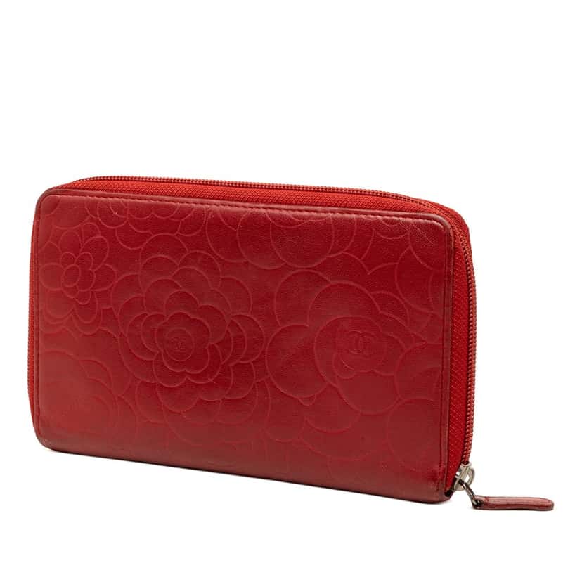 Chanel Embossed Lambskin Camellia Zip Around Long Wallet Red Leather Very good condition - Back View