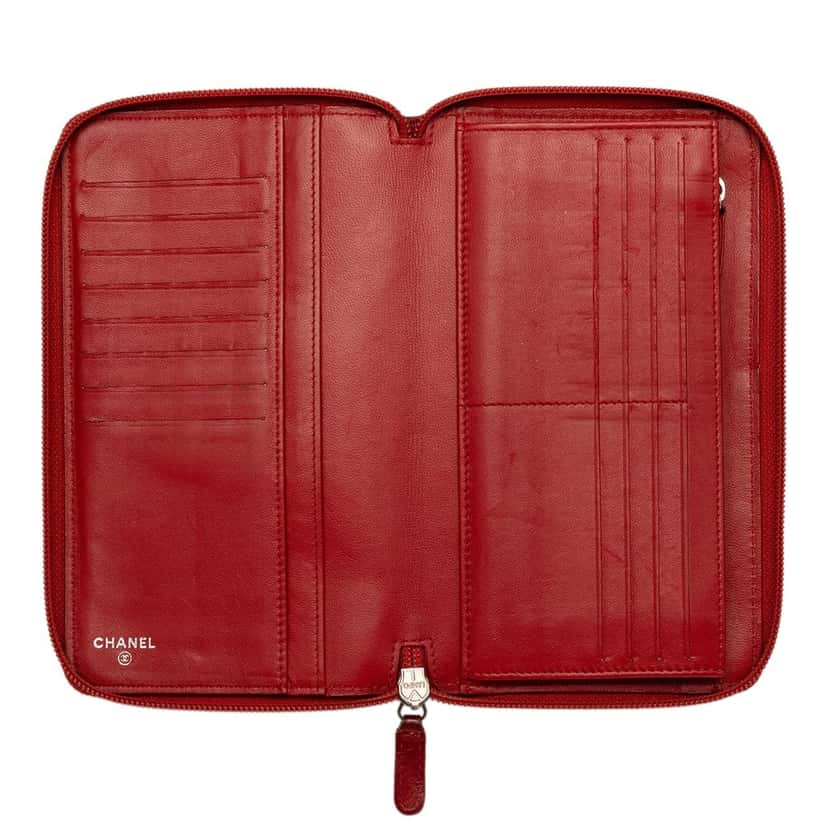Chanel Embossed Lambskin Camellia Zip Around Long Wallet Red Leather Very good condition - Model View