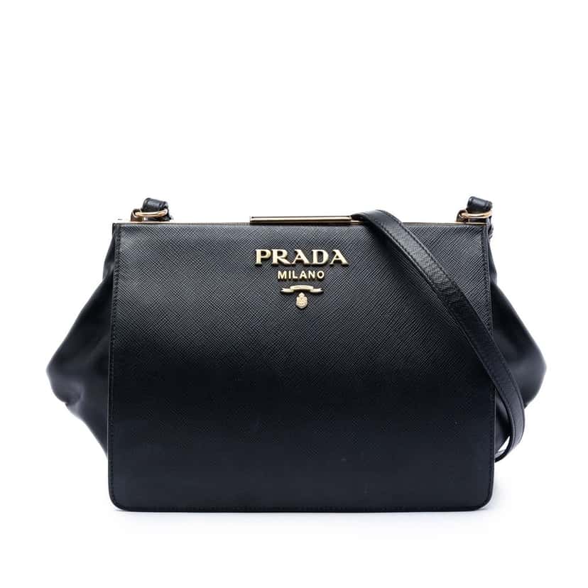 Prada Saffiano and City Calf Light Frame Crossbody Black Leather Very good condition - Front View
