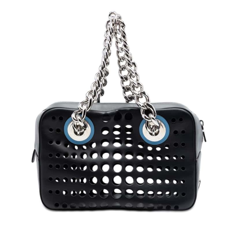 Prada Perforated Leather City Fori Chain Handbag Black Leather Very good condition - Front View