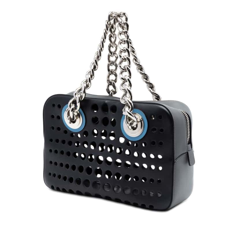 Prada Perforated Leather City Fori Chain Handbag Black Leather Very good condition - Back View
