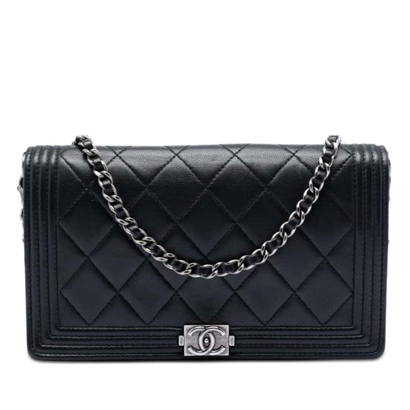 Chanel Quilted Lambskin Boy Wallet On Chain Black Leather Very good condition - Front View