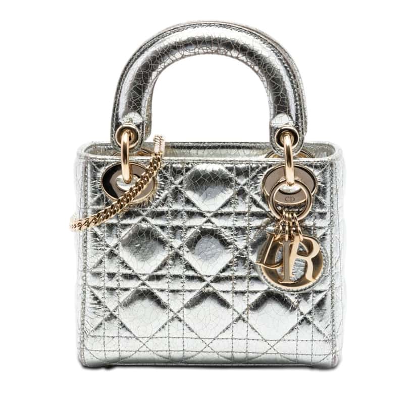 Dior Mini Metallic Crinkled Calfskin Cannage Lady Dior Silver Leather Very good condition - Front View