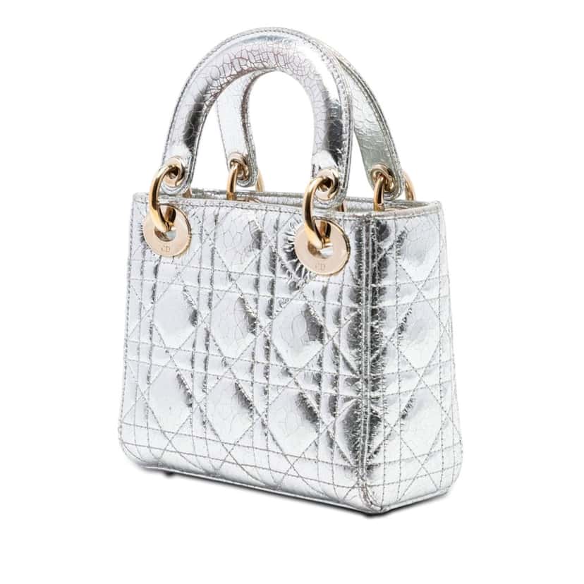Dior Mini Metallic Crinkled Calfskin Cannage Lady Dior Silver Leather Very good condition - Back View