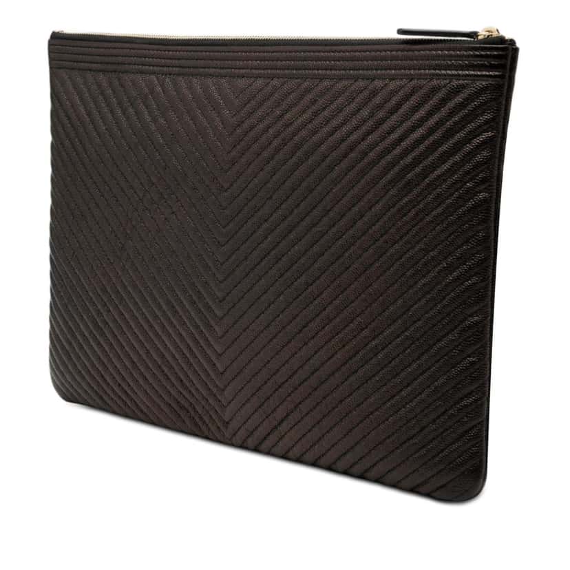 Chanel Large Chevron Iridescent Caviar Boy O Case Clutch Black Leather Very good condition - Back View