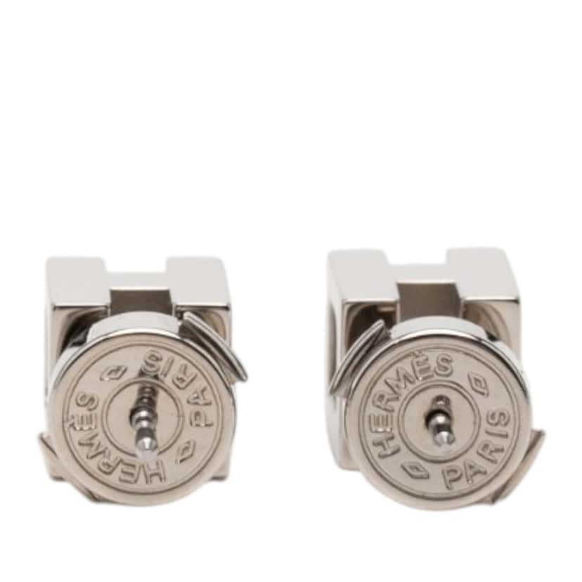Hermès Palladium Plated Cage dH Cube Push Back Earrings Silver Metal Very good condition - Back View