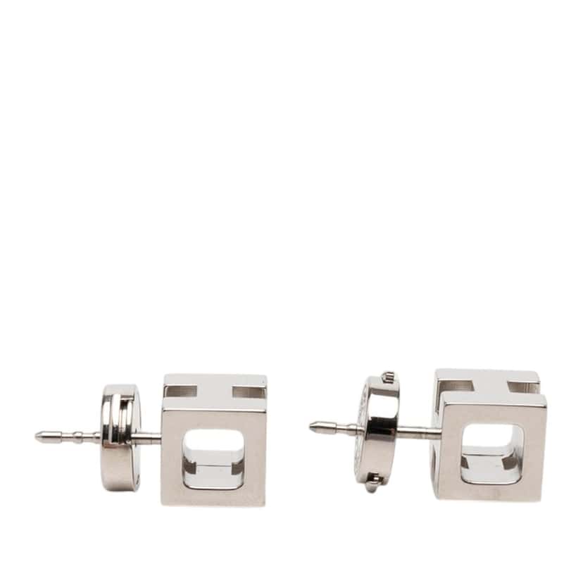 Hermès Palladium Plated Cage dH Cube Push Back Earrings Silver Metal Very good condition - Inside View