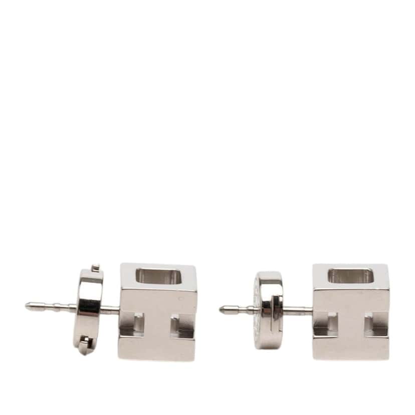 Hermès Palladium Plated Cage dH Cube Push Back Earrings Silver Metal Very good condition - Model View