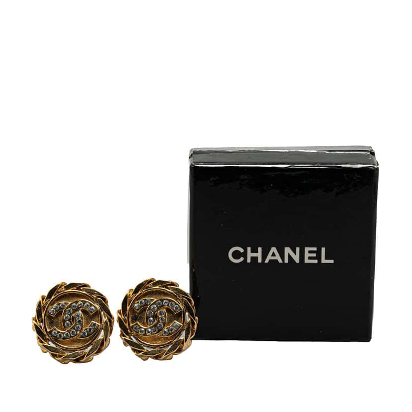 Chanel Gold Plated CC Rhinestones Clip on Earrings Gold Metal Very good condition - Model View