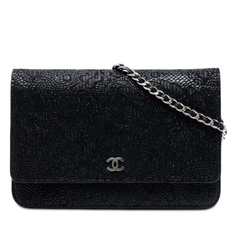 Chanel CC Lace Overlay Goatskin Wallet On Chain Black Leather Very good condition - Front View