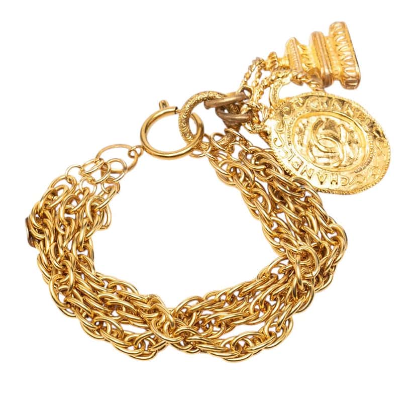 Chanel CC Gold Plated Triple Chain Logo Charm Bracelet Gold Metal Very good condition - Back View