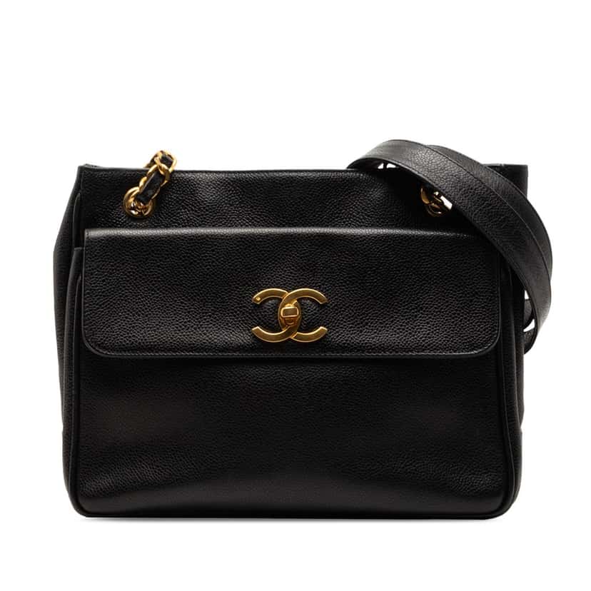 Chanel CC Caviar Front Pocket Shoulder Bag Black Leather Very good condition - Front View