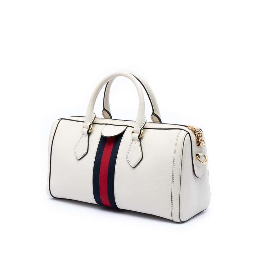 Gucci Medium Calfskin Web Ophidia Top Handle Bag Beige Leather Very good condition - Back View