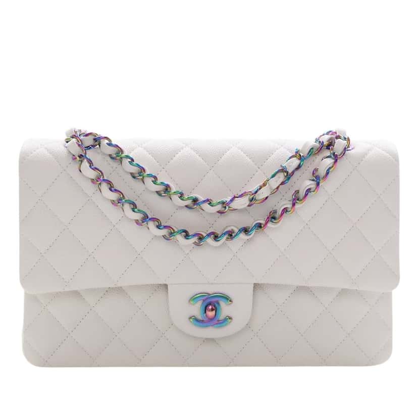 Chanel Medium Classic Caviar Rainbow Hardware Double Flap White Leather Very good condition - Front View