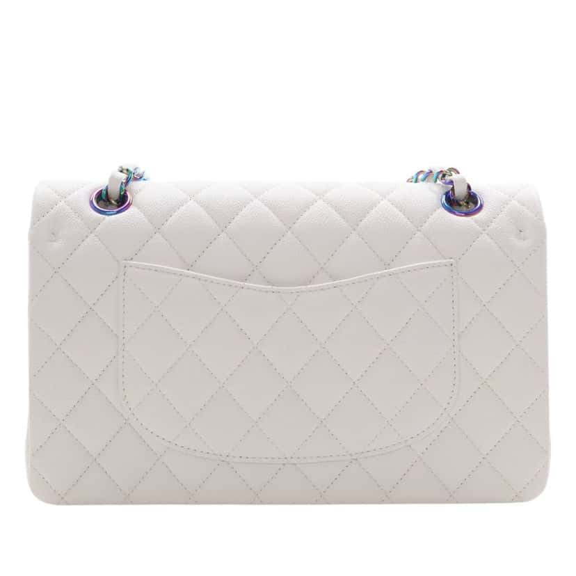 Chanel Medium Classic Caviar Rainbow Hardware Double Flap White Leather Very good condition - Back View
