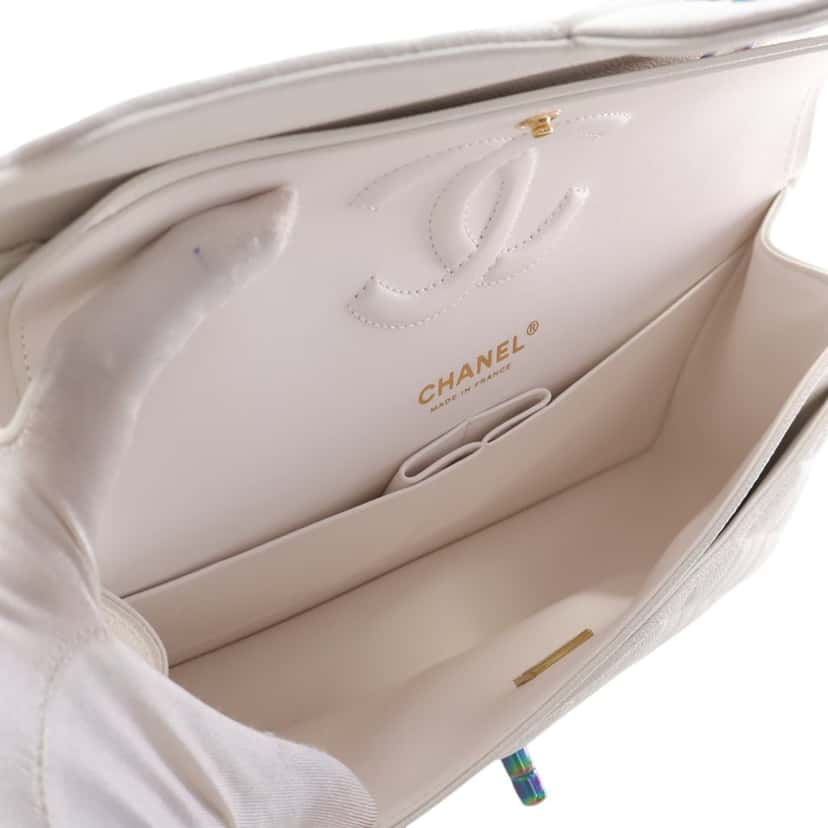 Chanel Medium Classic Caviar Rainbow Hardware Double Flap White Leather Very good condition - Model View