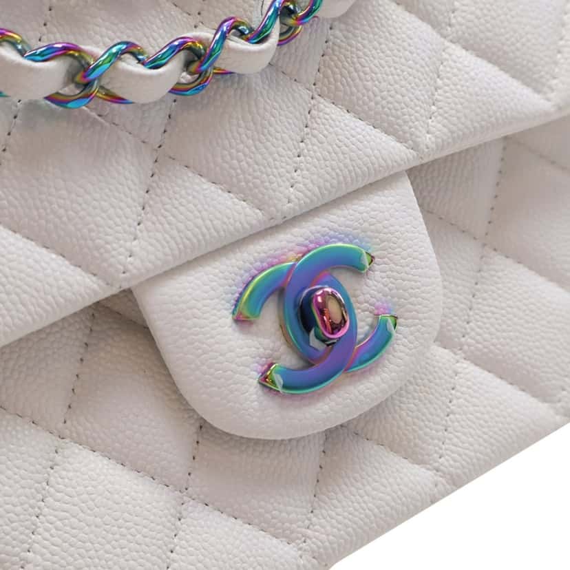 Chanel Medium Classic Caviar Rainbow Hardware Double Flap White Leather Very good condition - Box View