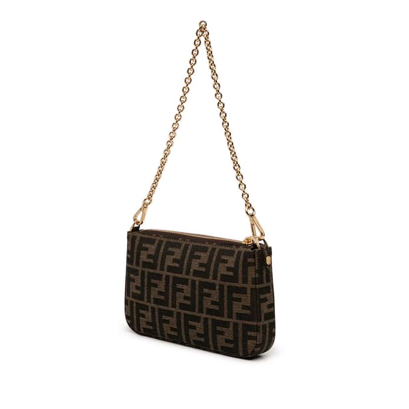 Fendi FF Jacquard Baguette Pouch Clutch with Chain Brown Very good condition - Back View
