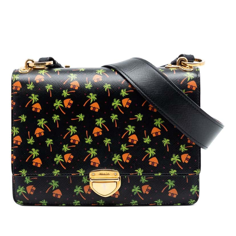 Prada Saffiano Palm Tree and Hut Print Flap Crossbody Black Leather Very good condition - Front View