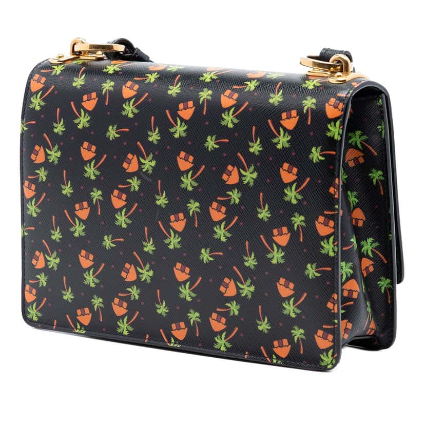Prada Saffiano Palm Tree and Hut Print Flap Crossbody Black Leather Very good condition - Back View